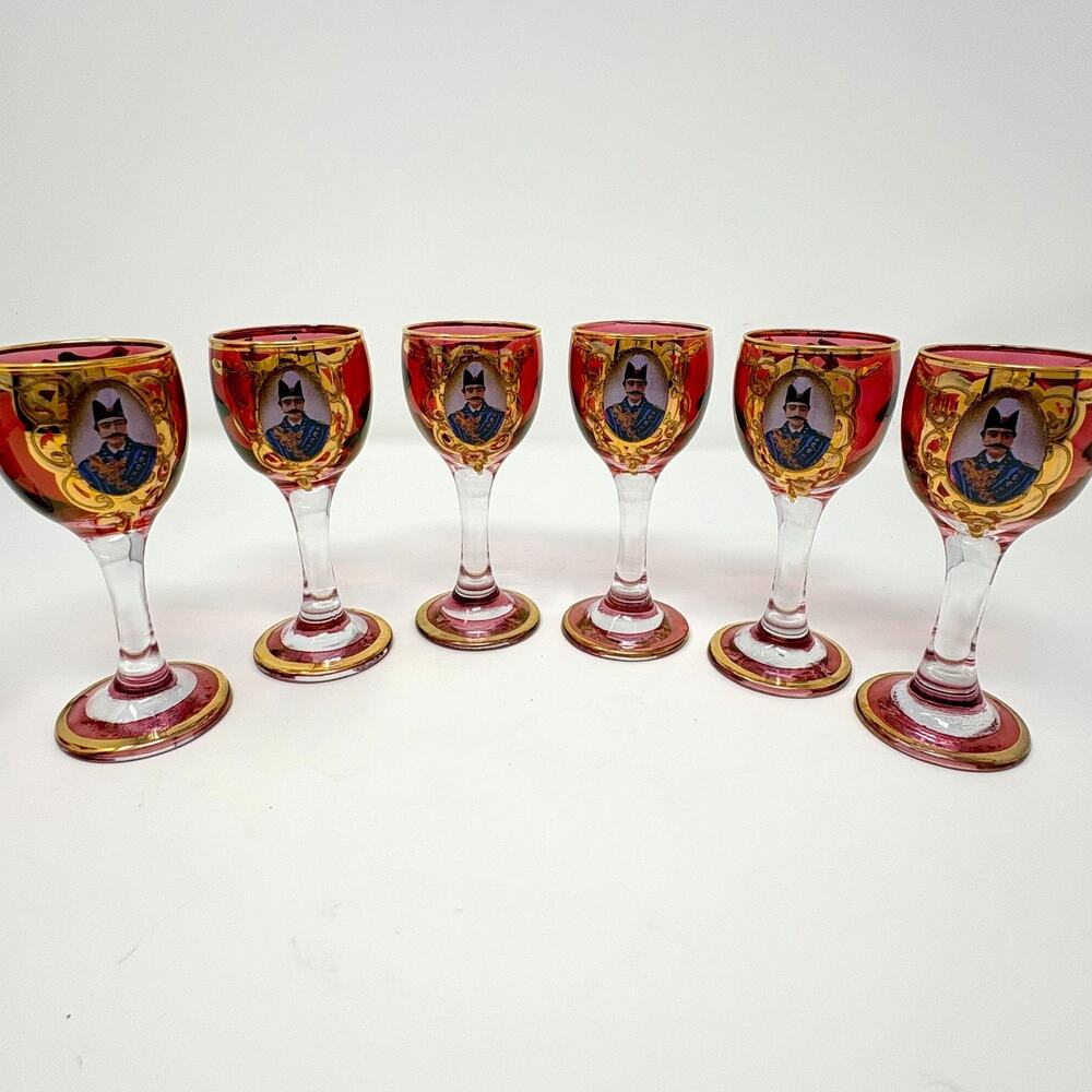 Set 6 Vtg Bohemian Cranberry Shah Qajar Persian King Cordial Glasses Gilt Red